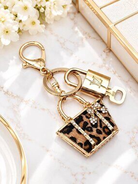 Authentic Louis Vuitton Padlock & Key Gold ✨Unbranded Leopard Bag Charm Keychain
